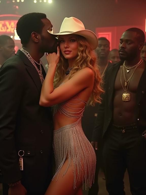 Scene in an underground nightclub featuring a couple. One person is wearing a cowboy hat and a sparkly dress. The atmosphere is vibrant and crowded with rap culture.