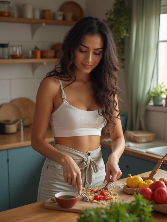 Indian woman preparing food in a modern kitchen. Brightly colored fruits on a wooden table. Natural light and green curtains create a warm atmosphere. Focus on healthy cooking and fresh ingredients.