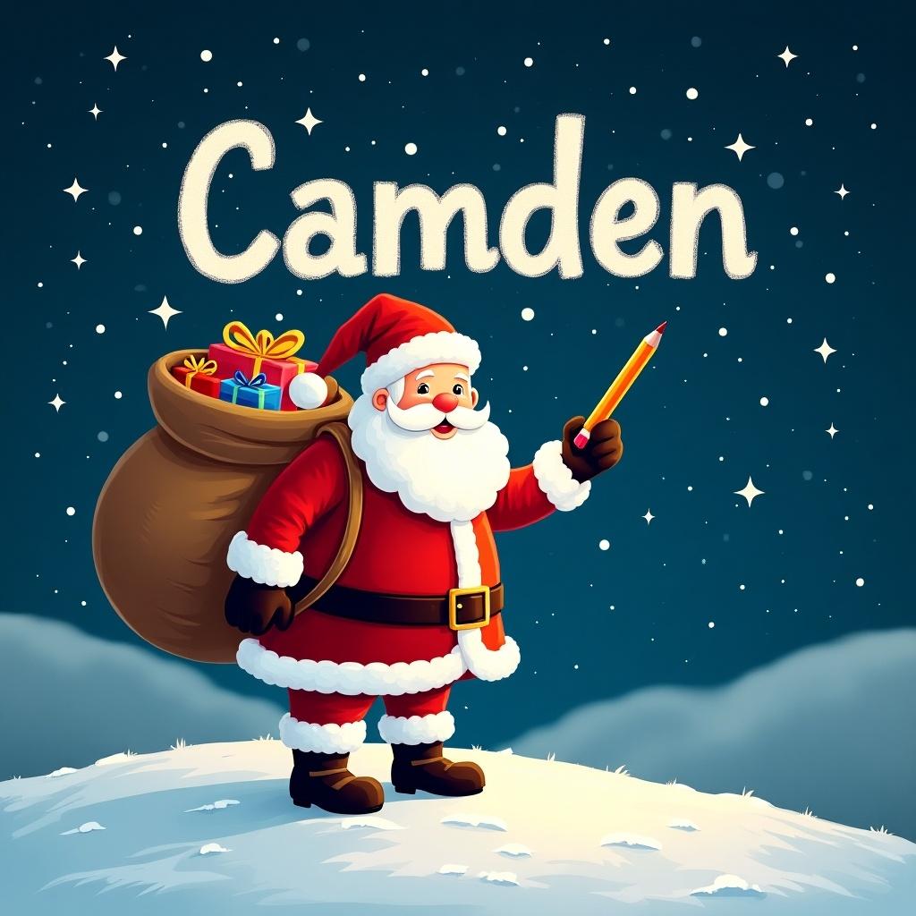 Santa Claus stands on a snowy hill under a starry sky. He holds a pencil and writes names in the sky. Large sack of gifts on his back. The night is bright with twinkling stars. The name 'Camden' is displayed in a whimsical font.