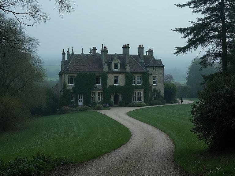 An early 20th-century English country manor at dusk. A sprawling ivy-clad estate in green fields and winding lanes. Weathered stone facade and dark windows. Overgrown driveway curves toward grand entrance. Mist clings to manicured gardens. Essex countryside fades into gray sky.