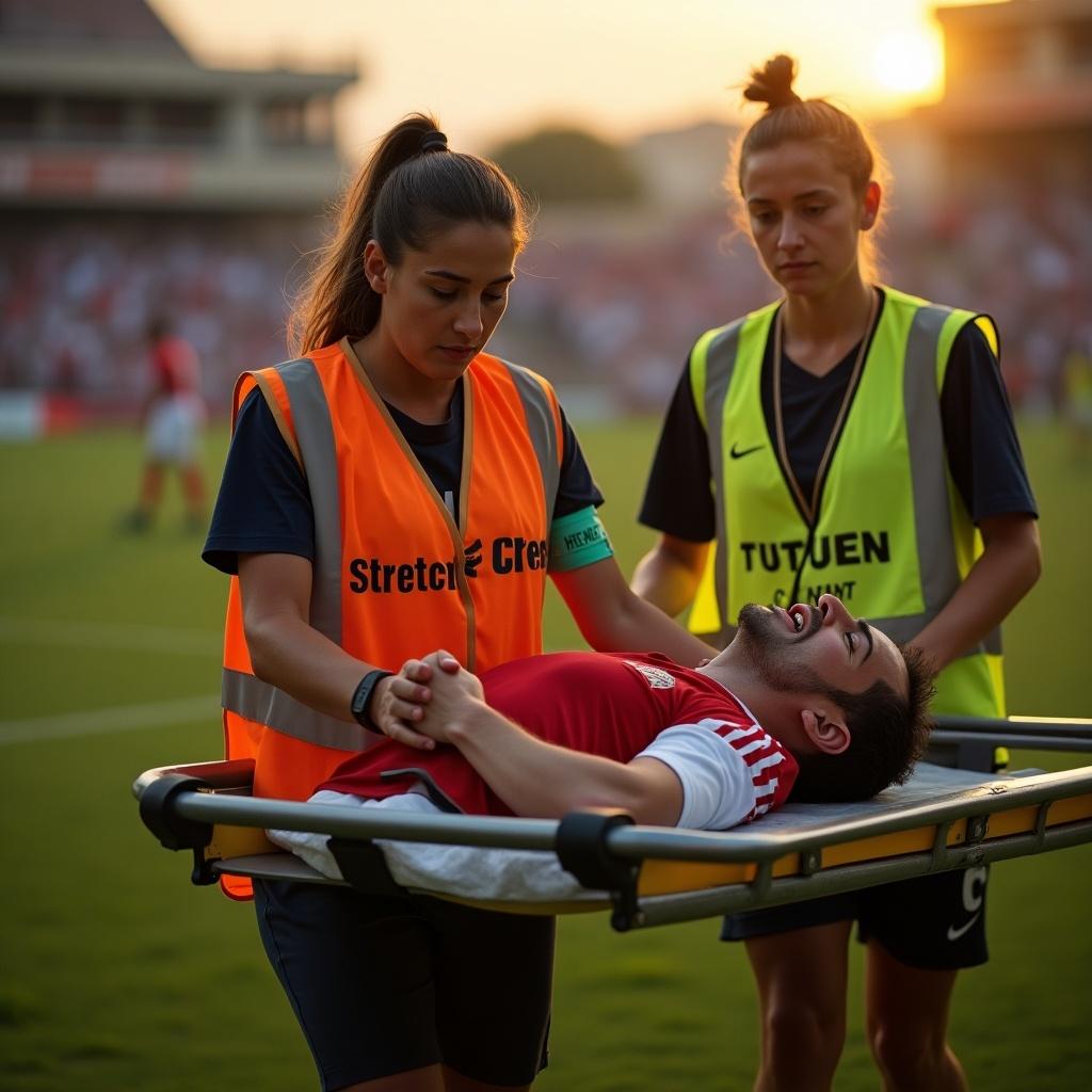 Injured soccer player on stretcher during a match. Female crew member has a concerned expression. Man appears unconscious in pain. Scene set on soccer field during sunset. Urgency and concern for sports emergency response highlighted.