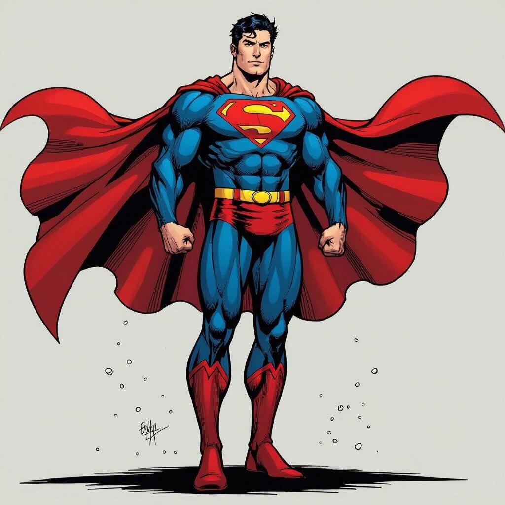 Superman character illustration. Muscular build with a red cape. Bright blue suit. Strong and confident pose.