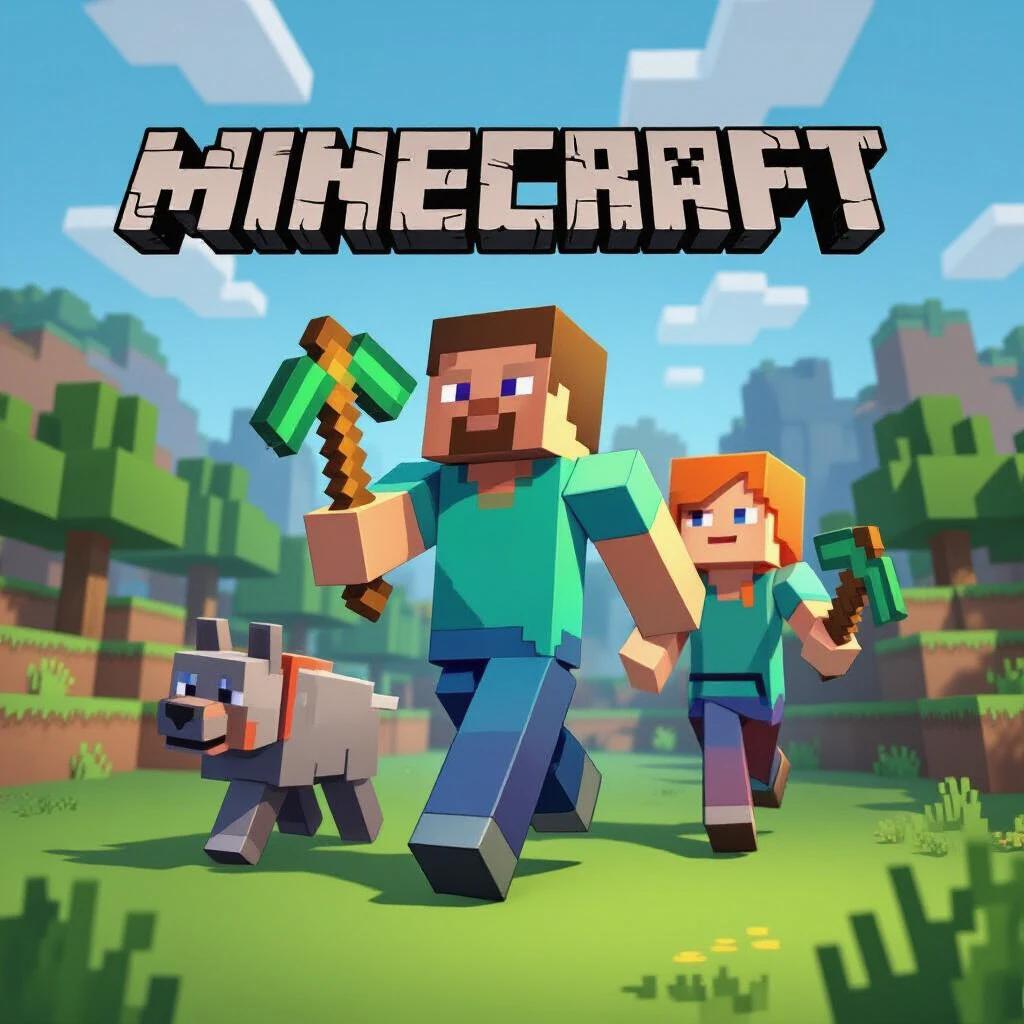 Minecraft characters run in a lush green landscape with a dog. Steve and Alex have pickaxes. Bright graphic style sets a playful tone.