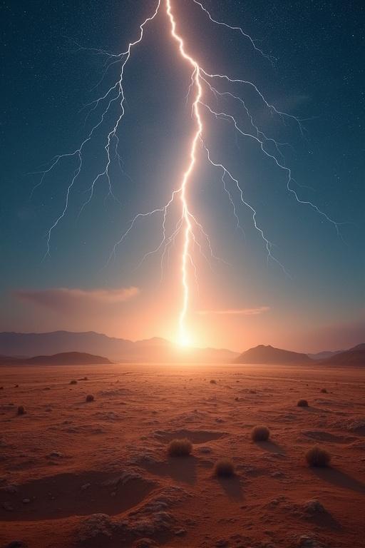 A vast arid landscape with streaks of lightning in the sky. A bright magical light shines in the center.