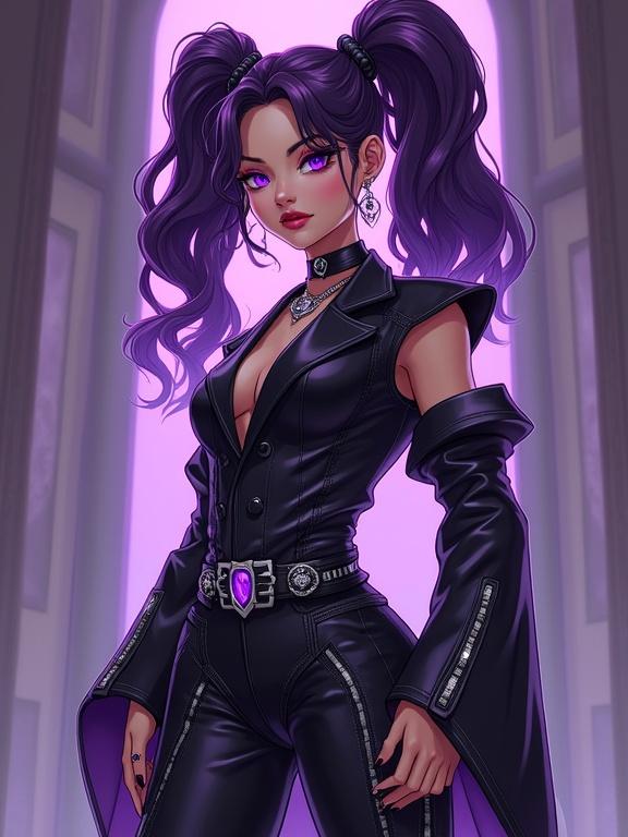 A woman dressed in a neo-futuristic black attire stands in a luxurious dojo. She has amethyst purple eyes and wavy pigtails. The setting suggests a martial arts training environment. Embellished with amethyst purple diamond jewelry, her outfit is edgy and sexy. Her physique showcases muscular arms and abs. The background features a modern and oversized design hinting at a black hole society.