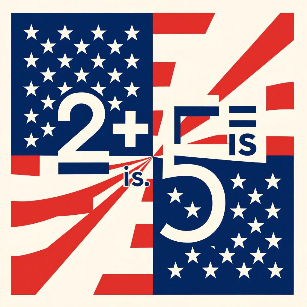 Visual representation of the phrase '2+2 is 5' with American flag elements. Bold typography used for numbers and words. Design includes stars and stripes for emphasis.