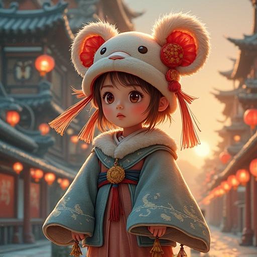 A young child wearing a cute animal hat walks through a traditional Asian setting. The child has a playful expression and wears a colorful robe. Lanterns are hanging nearby.