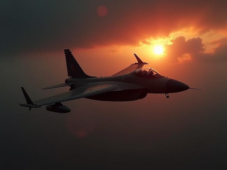A generic military radar in the foreground with yellow highlights and a strong red reflection on the lens. A dark background features the silhouette of an undefined airplane amid smoke clouds.