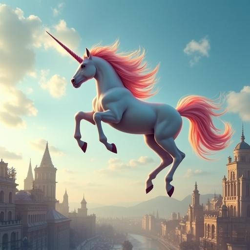 A unicorn with a shiny white body and pink mane is flying over a beautiful city skyline. The buildings are detailed and majestic under a blue sky.