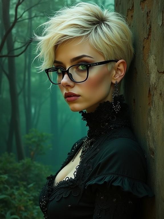A stunning oil painting of an enchanting figure with glasses and short blonde hair. The character has captivating green eyes. She wears dark gothic clothing highlighted with metallic tones. She is positioned against a weathered wall in an eerie forest setting that adds to the mysterious ambiance. The painting reflects influences from Royo and Vallejo.