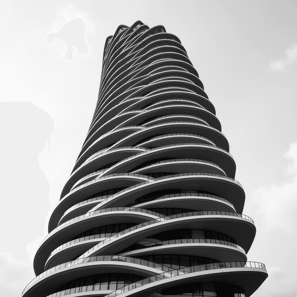 A black and white image of a modern skyscraper with a twisting design against a cloudy sky.