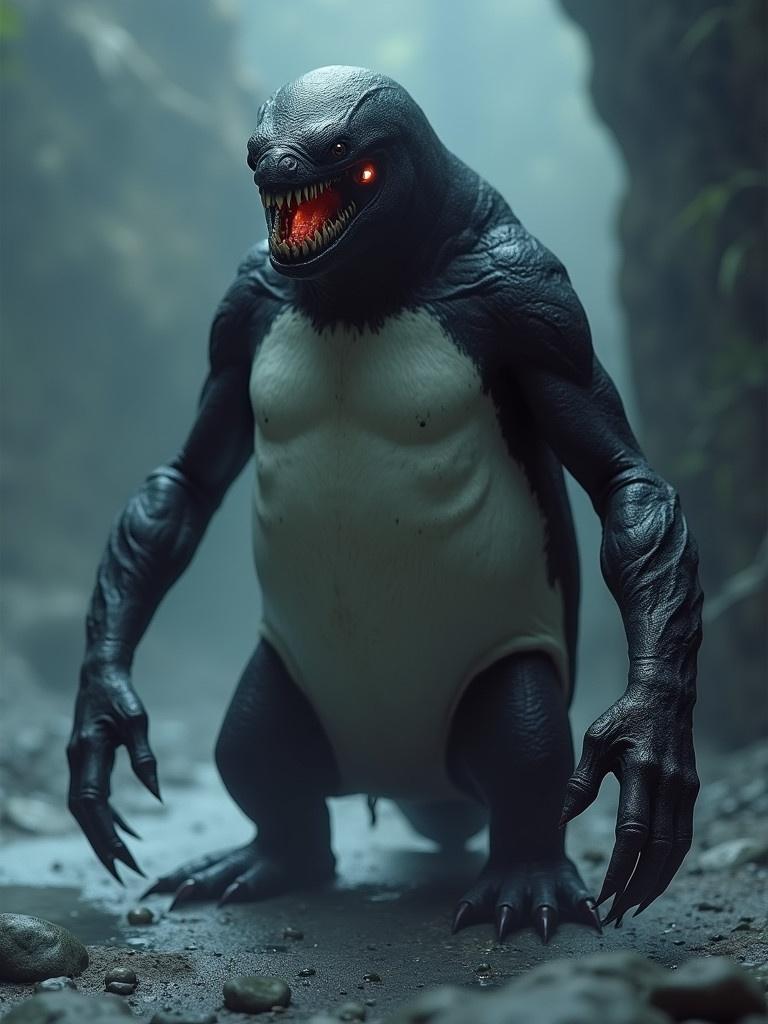 A humanoid penguin monster is depicted in a misty environment. The creature has sharp jaws and elongated arms and legs. It stands menacingly in a dimly lit space, creating a sense of suspense and intrigue.