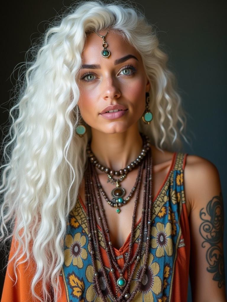 A young woman with long white curly hair wears vibrant Indian clothing. Her grey eyes are striking. She has a big tattoo on her right arm. Scars are visible and add character.