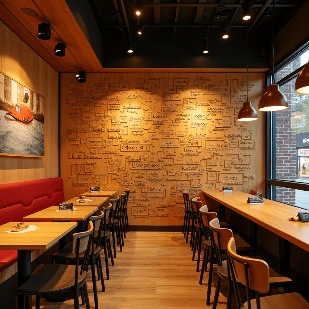 A warm, modern cafe interior featuring light wood furniture, red cushioned seating, a vibrant wall art piece, and pendant lighting.