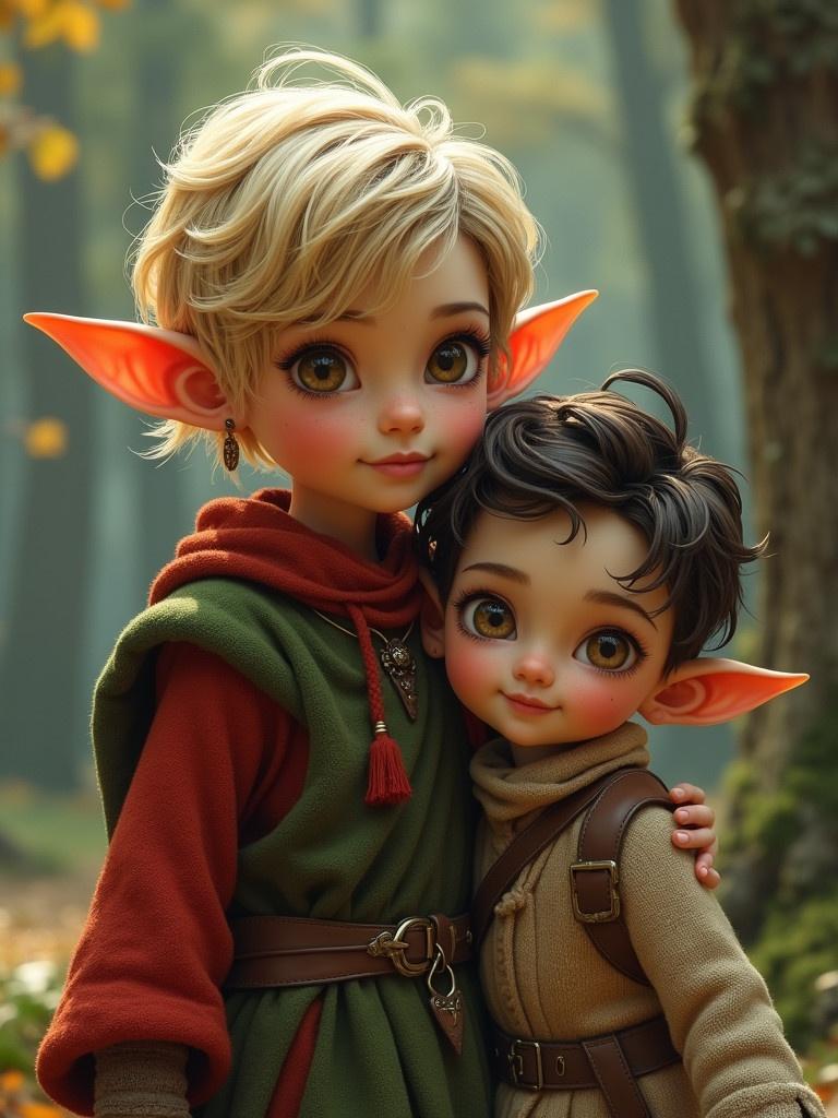 Image of elvish children in a forest setting. One girl has short dirty blonde hair. One boy is five years old. A baby in the scene has dark hair. The backdrop is an enchanting forest. The characters have large pointed ears and vibrant clothing.