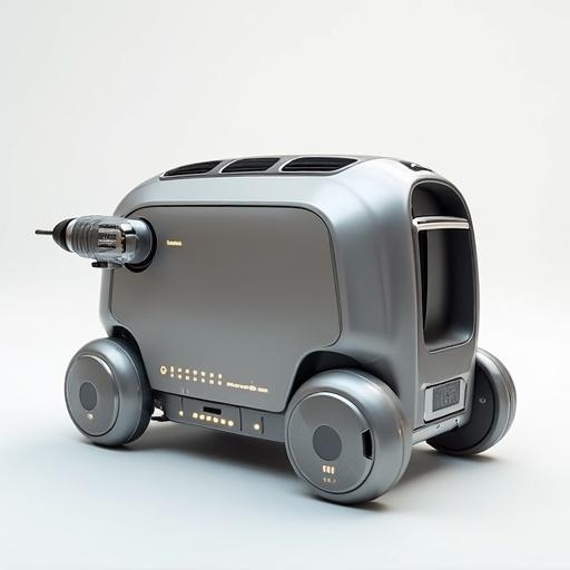 Sleek futuristic toaster on wheels. Brushed metal body. Digital touch controls. Soft glowing LED lights. High-tech electric drill attached. Ergonomic grip. Modern industrial look. Clean minimalistic background.