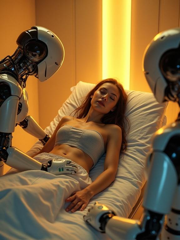 High-tech recovery chamber with warm golden backlight. Young pilot-girl with long hair lies asleep on med-bed. Clothed in light grey nano-fabric. Two advanced androids analyze her skin wounds. Soft fog from cooling vents. Floating data panels. Emotional quiet moment. Cyberpunk aesthetic. Hyperrealistic details.