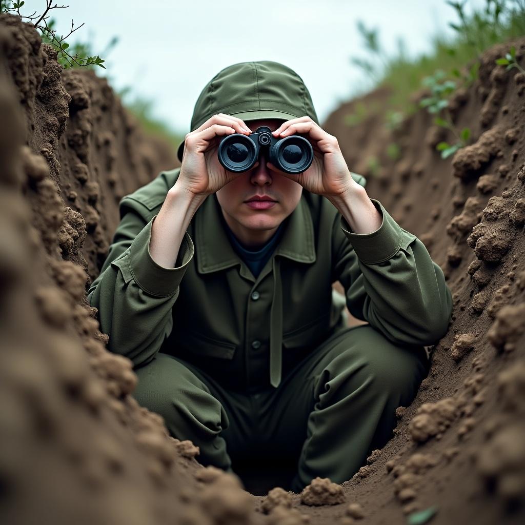 Soldier sitting in a trench. Soldier is looking through binoculars. The background shows a trench environment with grass and soil.