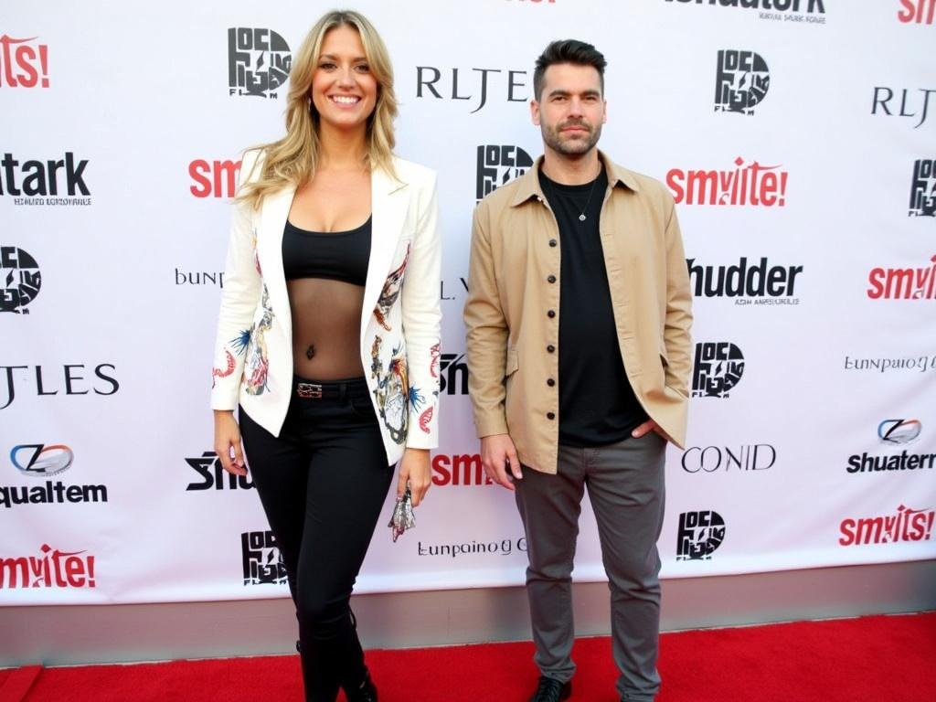 The image features two individuals standing on a red carpet event. The background showcases a promotional banner with various logos such as RLJE Films, Shudder, and others. One individual is wearing a distinctive white jacket with art printed on it, layered over a sheer black top, complemented by tight black pants and knee-high boots, showcasing a bold fashion statement. The other individual is clad in a casual outfit consisting of a black shirt and trousers, topped with a beige jacket. They are both posing confidently in front of the cameras, enjoying their time at the event.