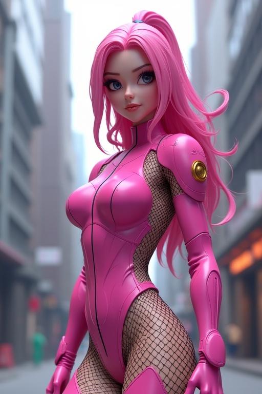 3D model action figure woman vibrant pink outfit long pink hair futuristic armor design fishnets urban environment background anime style character confidence.