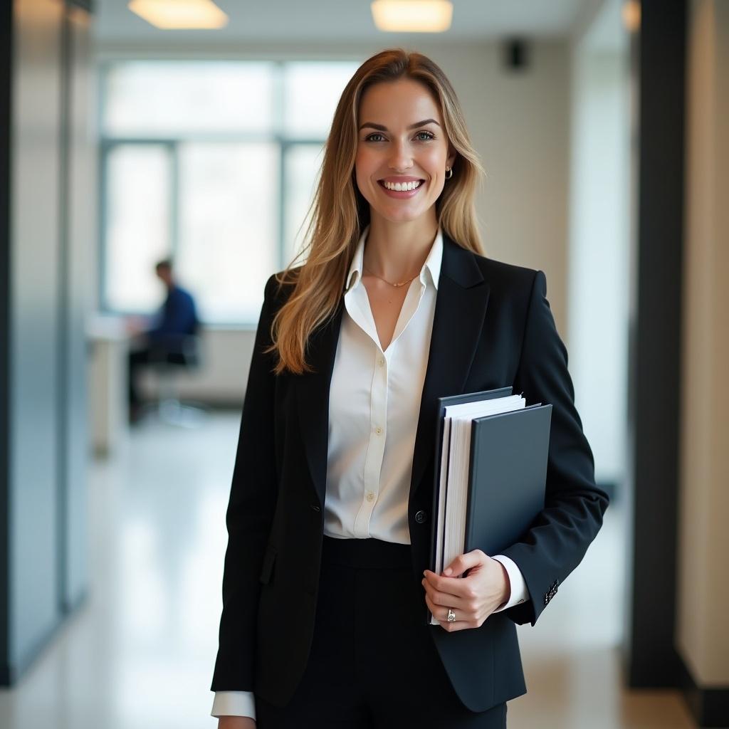 Professional woman stands confidently in an office holding books. Dressed in business attire for the tax industry.