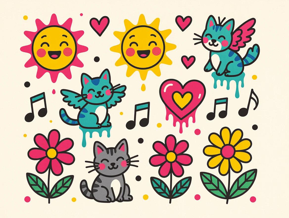 Joyful flash tattoo sheet illustrating vibrant motifs. Smiling suns playful animals hearts wings musical notes dancing flowers drawn with bold outlines colorful splashes of magenta teal yellow. Ink softly dripping from edges whimsical energy arranged on off-white paper background. Hand-painted color-ink aesthetic.