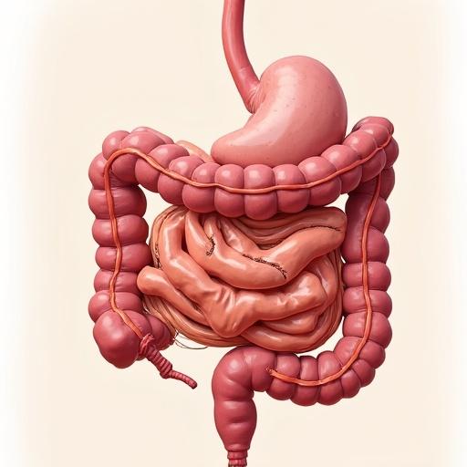Anatomical illustration of the human digestive system showing organs like stomach and intestines clearly