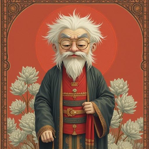 A cartoon-style illustration of an elderly wise character. The character has long white hair and glasses, wearing traditional clothing. A red background enhances the character's features. The character exudes wisdom and kindness.