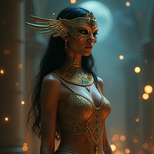 Enchanting woman at a masquerade ball inspired by Isis wears a golden falcon-winged mask. Adorned with gemstones and surrounded by magical symbols. Top made of enchanted silk highlights her grace. Short skirt features Egyptian motifs. Hair flows elegantly; eyes exude wisdom. Glowing hieroglyphs and moonlight enhance the scene.
