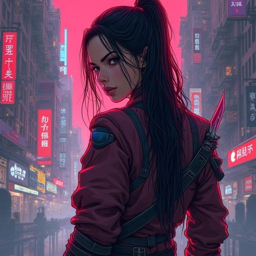 A striking display of a female warrior holding a dagger in a vibrant neon cityscape. The scene merges modern digital realism with touches of fantasy, influenced by Enki Bilal and Moebius aesthetics. Focus on color and cinematic style without graphic elements.