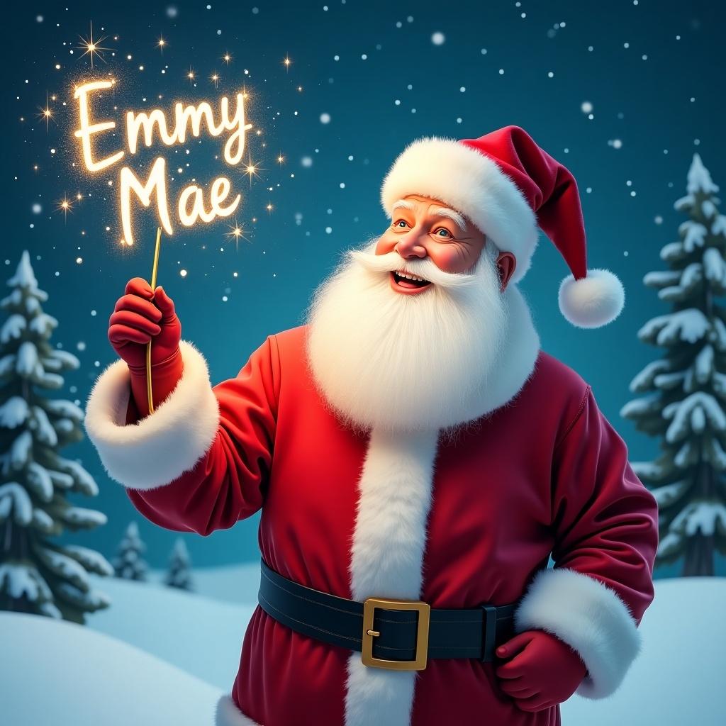 A jolly Santa Claus stands in a snowy landscape. He holds a magical wand glowing with sparkles that say Emmy-Mae. Dressed in a classic red suit with white fur trim and a matching hat. Santa’s twinkling eyes radiate joy while he writes names in the sky. Behind him is a snowy scene with evergreen trees under a starry night sky, creating a festive and magical atmosphere for the holiday season.