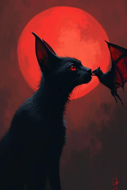 A dark cat silhouette with glowing red eyes facing a small red-winged bat near a large red moon. Bold contrasts in colors create a mysterious atmosphere.