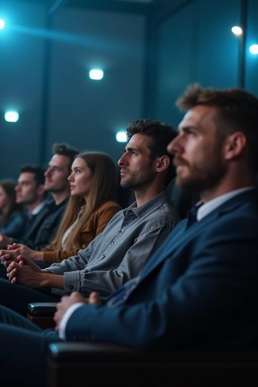 Group of people seated in a futuristic auditorium during a debate on ethics. Some look worried, others excited. The mood is dramatic and cinematic. Faces are hyper-realistic.
