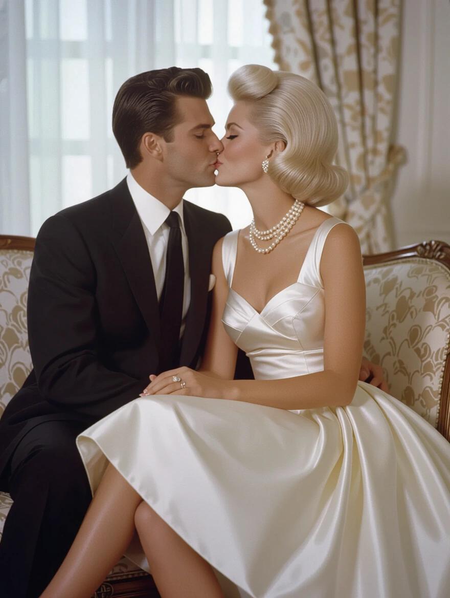 Portrait of a woman in an ivory satin party dress. She has a voluminous platinum blonde hairstyle. Elegant setting with soft lighting. Woman wearing a pearl necklace and diamond earrings. She is seated with crossed legs. The scene conveys mid-century sophistication. Romantic atmosphere resembling Slim Aarons photographs.