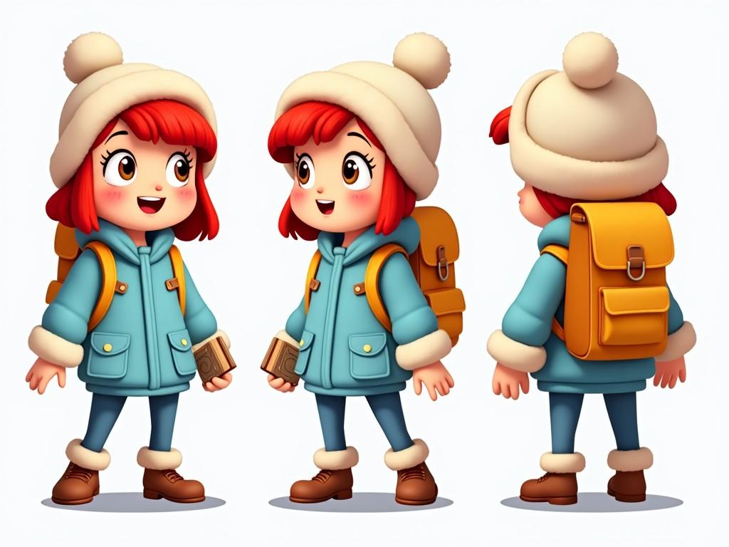 A cartoon character turn-around sheet featuring a young adventurer. She has red hair peeking out from beneath a cozy winter hat, and her cheeks have a slight blush. She wears a light blue jacket with yellow straps and a fluffy white collar, making her look well-prepared for the cold. A backpack suggests she's on a journey, and she's holding a book or notebook to document her findings. Her expression is curious and excited, reflecting a sense of wonder and adventure. The layout includes six views: front, three-quarters, side, back three-quarters, and back.
