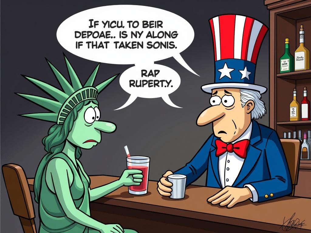 The image portrays a cartoon-style scene featuring a character resembling the Statue of Liberty sitting at a bar, appearing worried and holding a drink. The character has a speech bubble expressing concern about being deported. Opposite her is a character resembling Uncle Sam who looks equally concerned and responds with a humorous remark about being taken along if that happens. The setting includes various bottles of alcohol on the bar, portraying a casual yet serious conversation about immigration. The background suggests a somber mood with dark hues and shading, emphasizing the seriousness of their discussion.