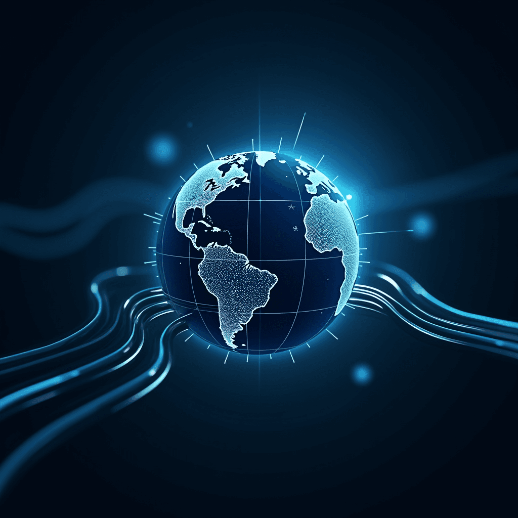 A glowing digital globe with lines representing connectivity encircles a dark background, highlighting continents with a futuristic design.