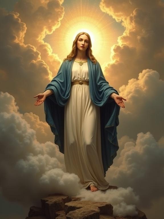 Virgin Mary depicted standing in heaven amidst clouds with outstretched arms and a glowing halo