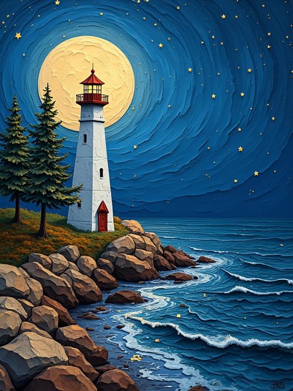 A vibrant lighthouse stands tall on a rocky shore. Full moon casts a glow above. Trees frame the scene. Waves wash against the rocks with deep texture. Night sky filled with stars. The colors are dramatic and expressive. Details create a hand-crafted feel.