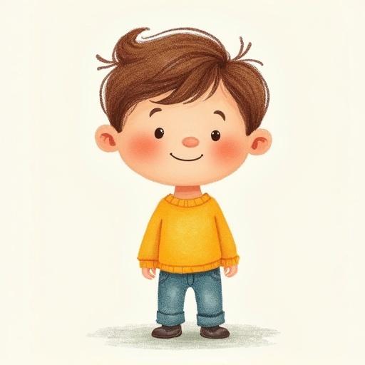 A boy illustrated in a children's style. Crayon texture used. The design is flat and minimal. He appears cute and friendly.