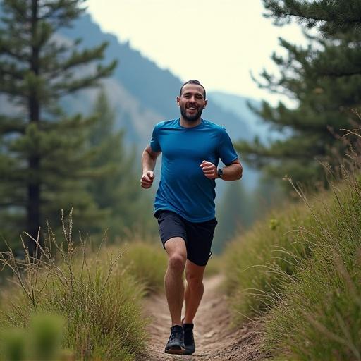 A man runs down a mountain trail in a forest. He wears a blue tshirt. The scenery is lush and green, conveying a sense of adventure.
