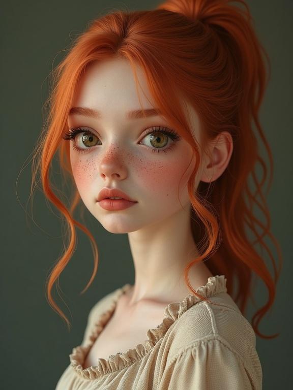 Image of a beautiful young woman with copper hair. She has a high ponytail. Freckles and big hazel-green eyes. Soft complexion and aesthetic hands. Well-proportioned torso. Medium length hair and slight facial features. Looks 18 years old. Full body view.