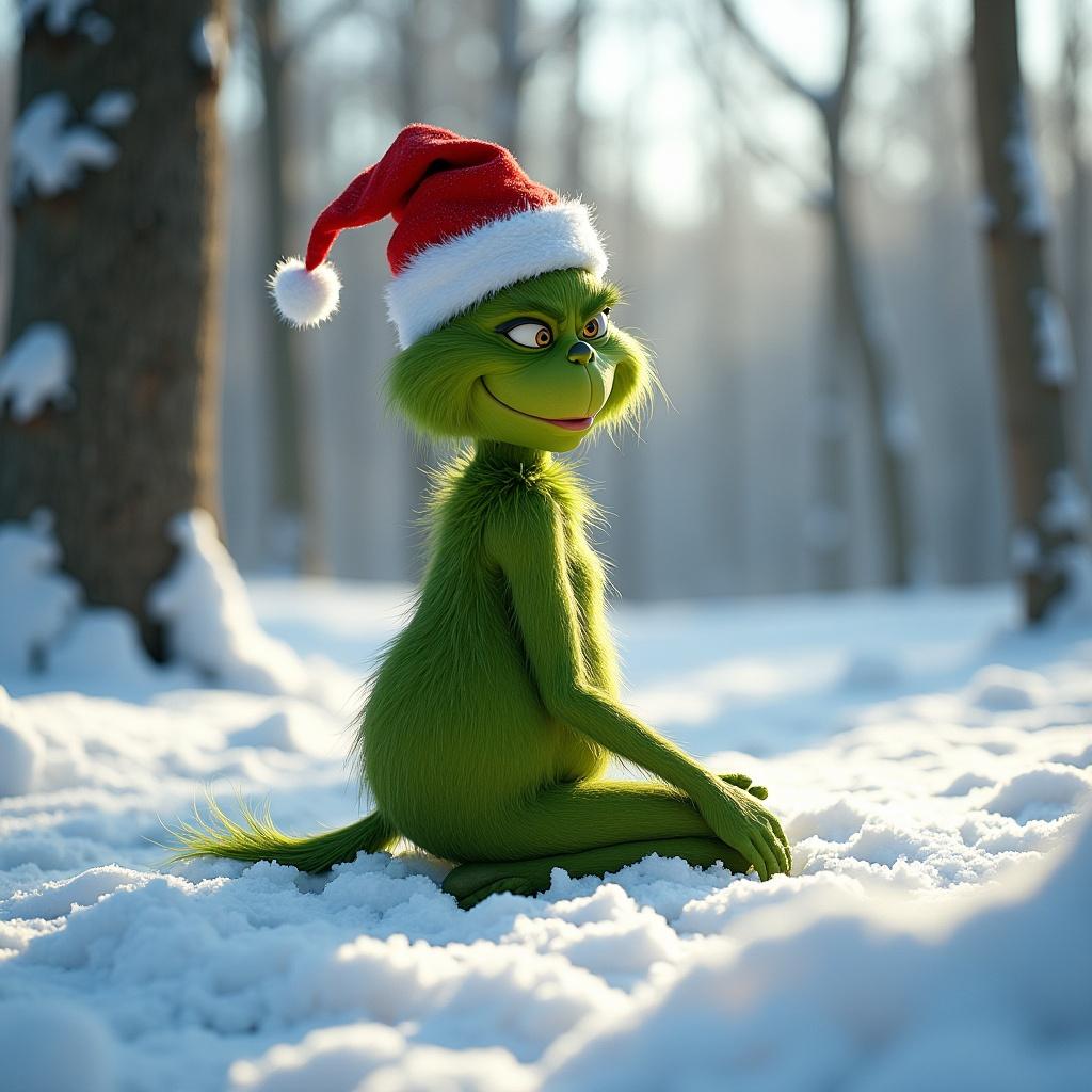 Grinch kneels in a snowy landscape wearing a Santa hat. The environment is picturesque with trees and sunlight.