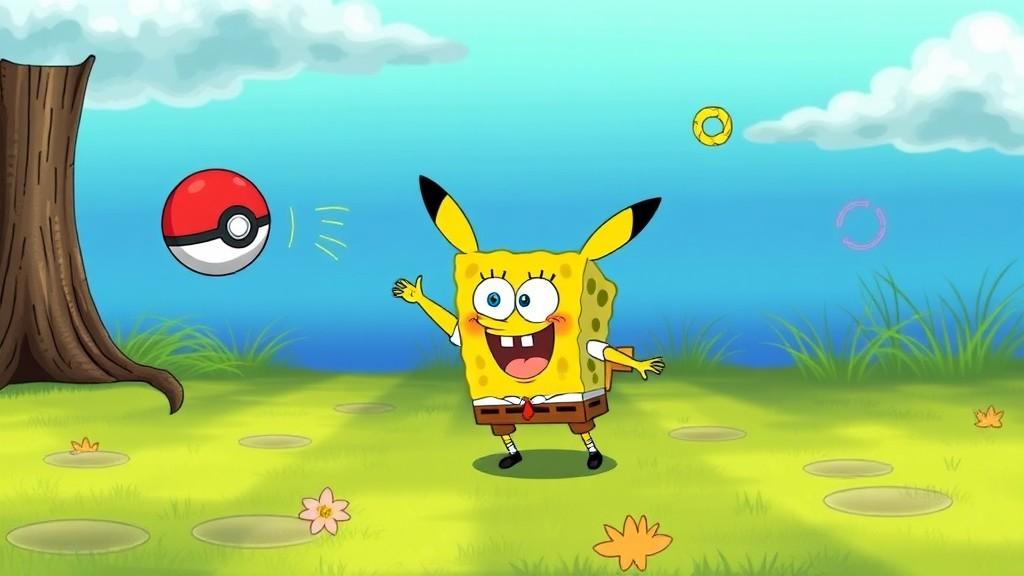 A whimsical fusion of SpongeBob SquarePants and Pikachu in a playful scene.