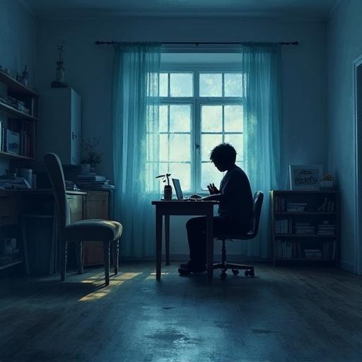 Album cover depicting insomnia created in watercolor style. Dark room features faceless student at desk looking at unfinished work. Frustration expressed through posture and environment.