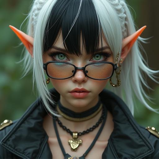 Masterpiece digital artwork of an elf female. Detailed skin texture and aesthetics. White and black split hair with bangs pinned back. Wearing a jumpsuit and brassiere. Brass welding glasses. Solo female character with green eyes, black fingernails, rings, and earrings. Shot from a low angle showing a visible bra and dog tag.