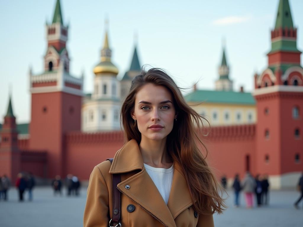 Photorealistic portrait of a woman with the Moscow Kremlin in the background. She stands 20 meters away, occupying a small portion of the frame for a detailed view of the Kremlin’s architecture. Bright natural lighting highlights her outfit and the Kremlin’s textures. Deep depth of field emphasizes clarity of both the subject and the Kremlin.