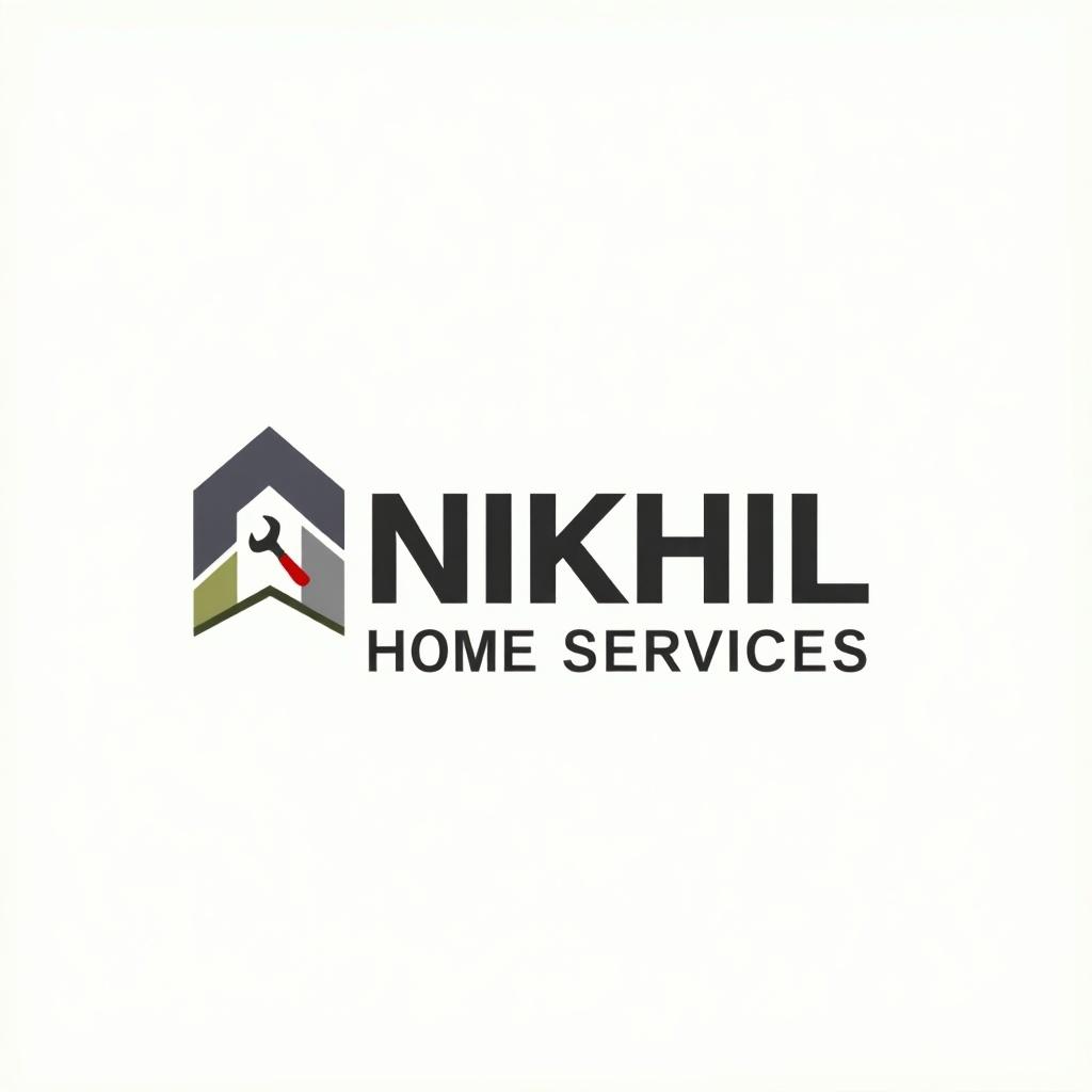 Logo design for Nikhil Home Services. Simple yet professional logo with a house outline and a wrench icon. Strong, modern typography emphasizing service. Colors include gray, green, and red.