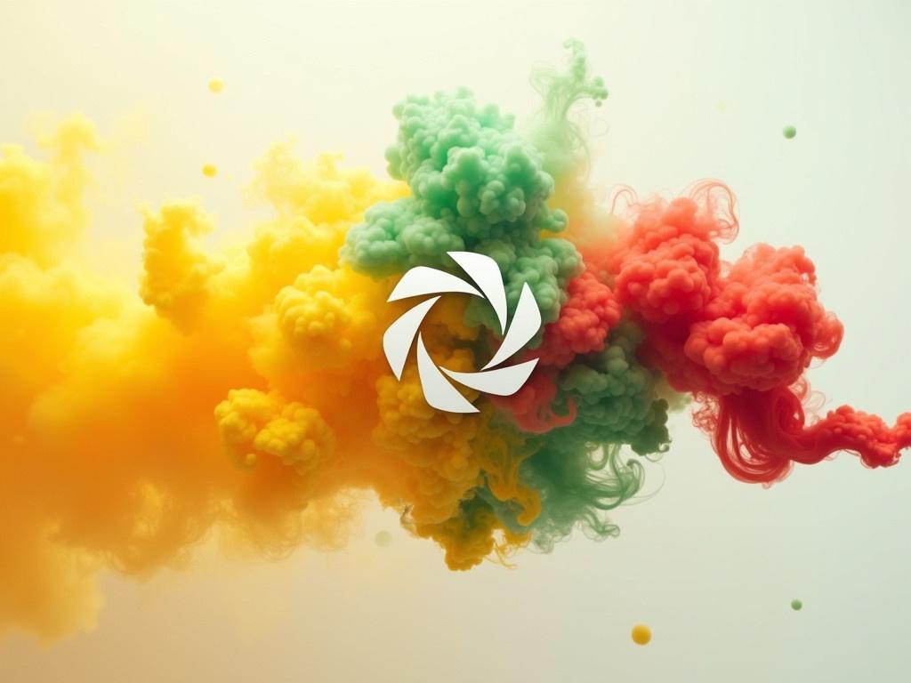 Create an image featuring vibrant colored smoke swirls in shades of golden yellow, green, and red. The colored smoke should be dense and appear to be mid-motion, swirling around an abstract logo located at the center of the composition. The logo should have a modern design, with a segment resembling a camera aperture. The background should be a light, neutral color to enhance the vibrancy of the smoke and the logo. The overall look should be dynamic and engaging, capturing a sense of creativity and energy.