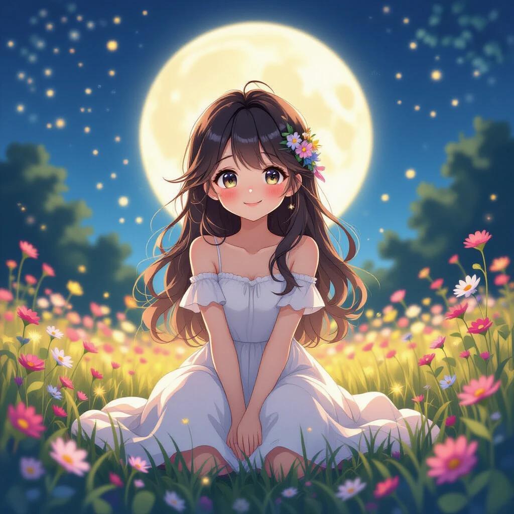 A cute female illustration featuring a girl with long hair sitting in a flower field at night. She wears a white dress and a hair accessory. The scene is illuminated by moonlight and glowing lights, creating a warm and enchanting atmosphere.